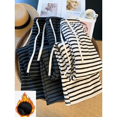 批发实拍加绒加厚条纹针织阔腿裤女秋冬高腰显瘦宽松北极绒休闲裤