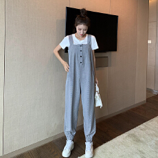 批发实拍格子<b class='q'>背带裤</b>夏季女2026新款显瘦小个子休闲网红阔腿裤套装女装