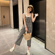 批发港风薄款阔腿<b class='q'>背带裤</b>女2026年韩版夏季格子新款百搭直筒休闲裤套装