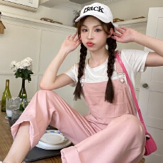 批发夏季薄款女阔腿直筒裤子女小个子高腰<b class='q'>背带裤</b>粉色小众显瘦长裤