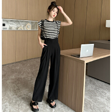 批发欧洲站阔腿<b class='q'>背带裤</b>套装女夏季新款吊带裤时尚条纹无袖T恤两件套