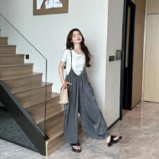 批发实拍2026夏装宽松多巴胺垂感吊带裤 显瘦阔腿<b class='q'>背带裤</b>休闲裤套装