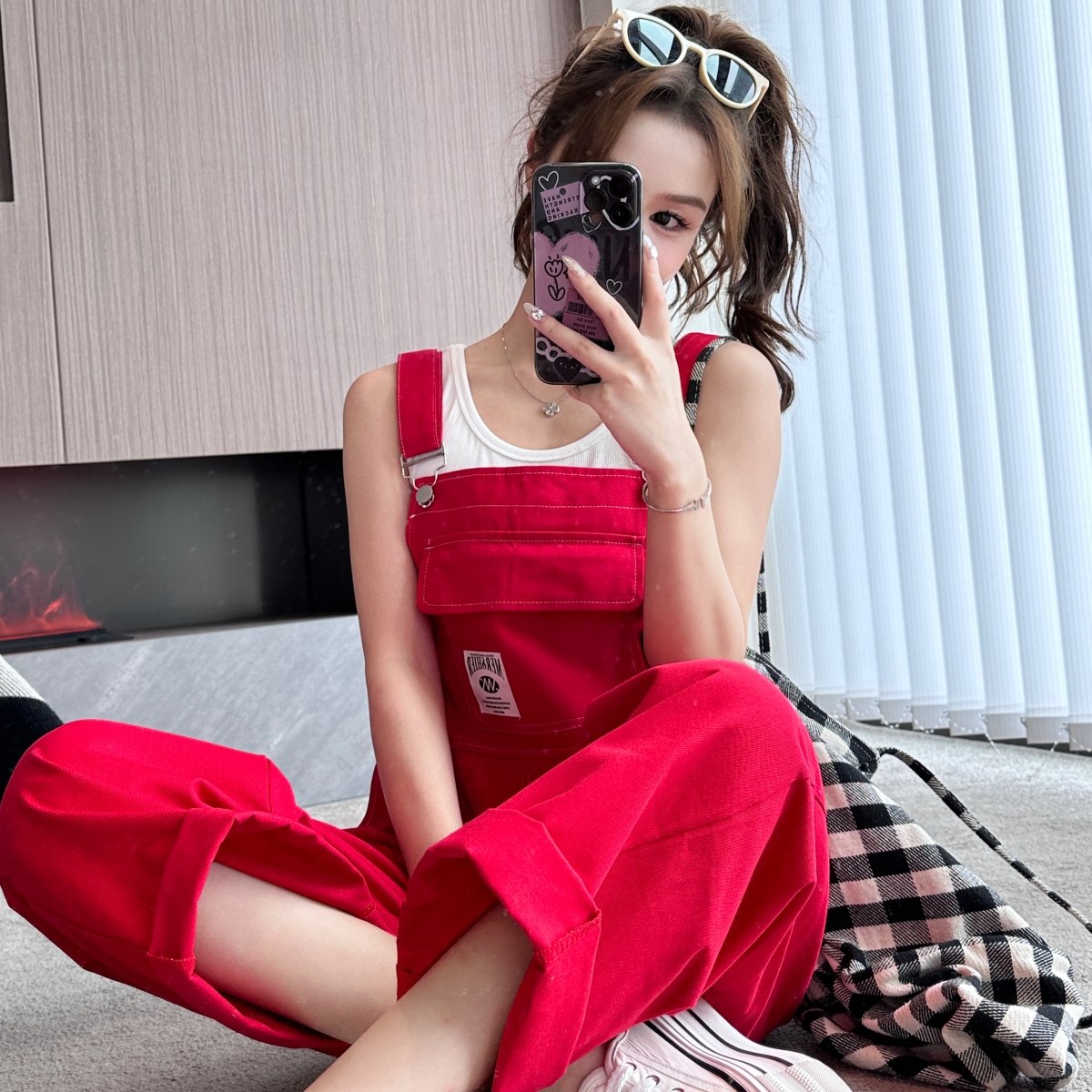 실사 달콤한 차가운 바람 봄 가을 아메리칸 면 100% 데님 도파민 멜빵 바지 여성 레트로 스트레이트 캐주얼 긴 바지 트렌디