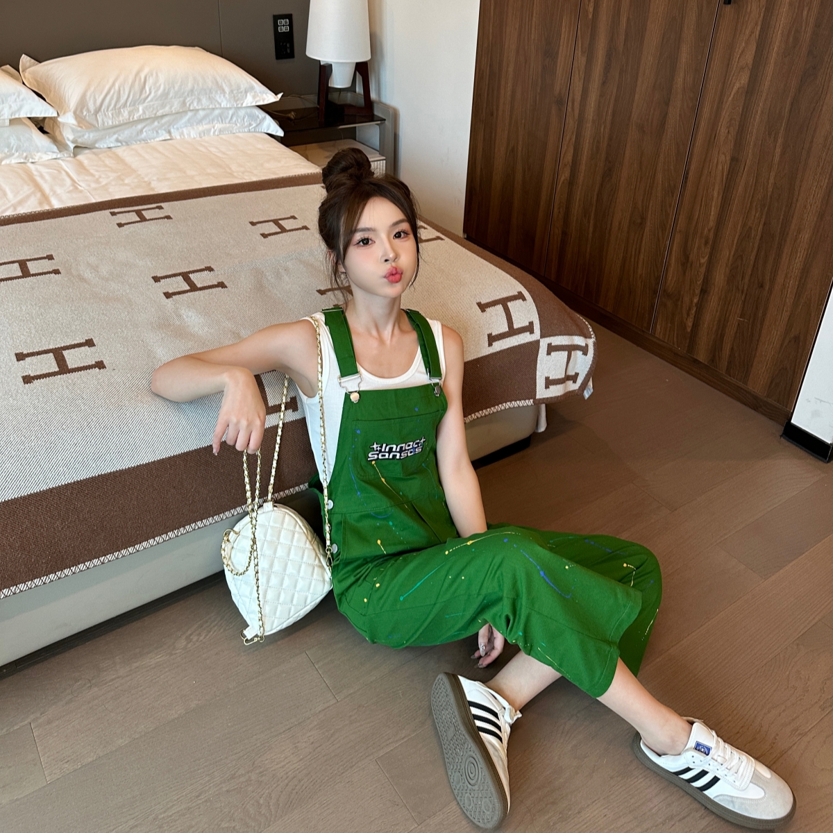 학생 아메리칸 멜빵 바지 여성 여름 새로운 낙서 프린트 워크웨어 팬츠 캐주얼 루즈핏 하이웨이스트 스트레이트 팬츠