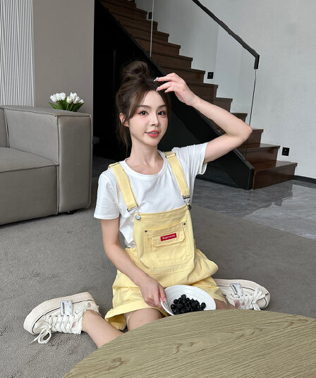 도파민 클래스 서비스 착용 가져 가라. 여름 작은 키 연령 감소 다용도 캐주얼 황색 작은 대중 디자인 센스 넓은 다리 멜빵 바지