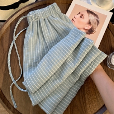 批发实拍 很适合出门遛弯法式蓝色条纹阔腿裤<b class='q'>女</b>慵懒直筒裤腿休闲裤