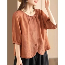 批发夏季苎麻短袖衬衫<b class='q'>女</b>宽松复古文艺气质单排扣轻薄外搭棉麻<b class='q'>开衫</b>上衣