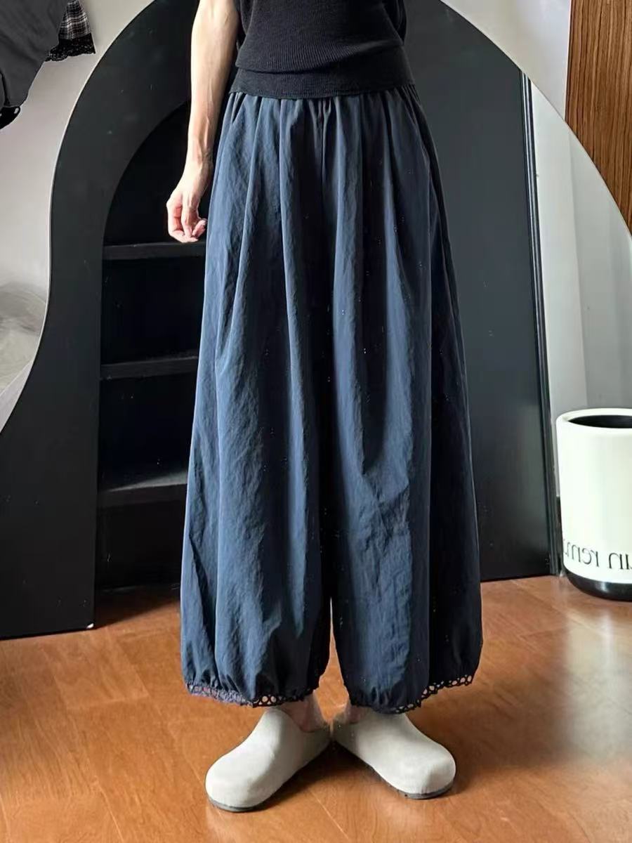 일본식 랜턴 와이드 레깅스 바지 여름 얇은 스타일 해군 바지 빅 사이즈 지방 mm 슬림해 보이는 작은 키 꽃밭 9부 바지