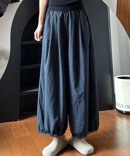 일본식 랜턴 와이드 레깅스 바지 여름 얇은 스타일 해군 바지 빅 사이즈 지방 mm 슬림해 보이는 작은 키 꽃밭 9부 바지