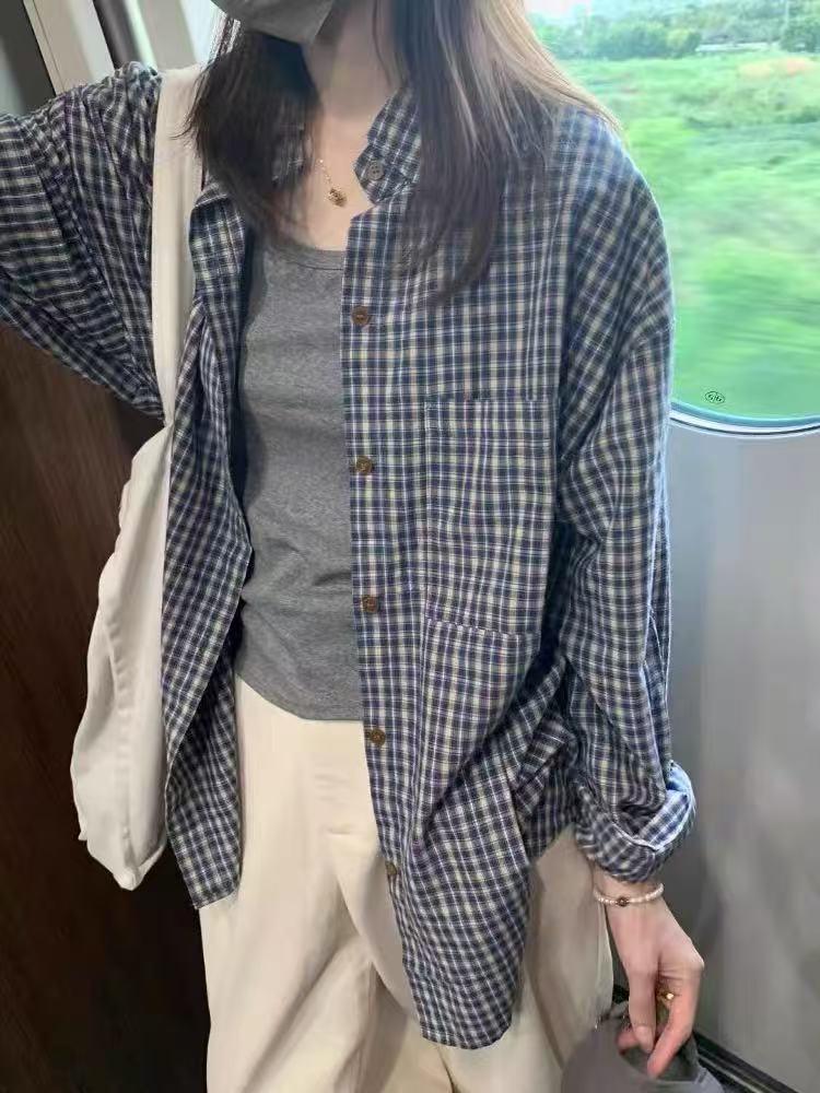 파란색 격자 무늬 셔츠 인사이드 가져 가라. 가을 여성 의류 스택 착용 셔츠 작은 대중 디자인 센스 맨위 2026 캐주얼 재킷