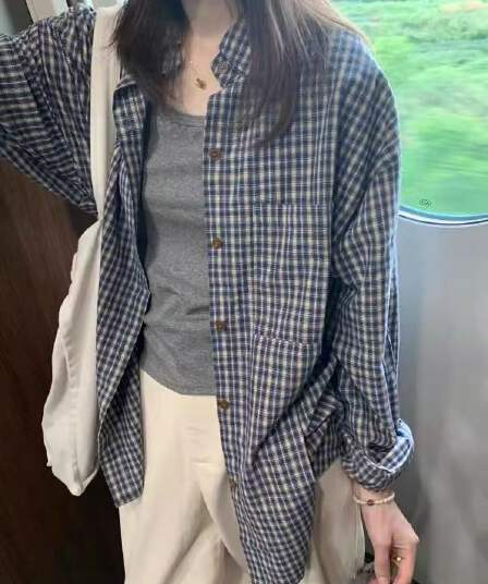 파란색 격자 무늬 셔츠 인사이드 가져 가라. 가을 여성 의류 스택 착용 셔츠 작은 대중 디자인 센스 맨위 2026 캐주얼 재킷