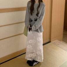 批发Yoursjin 花朵经编布叠穿好物小鱼尾镂空半身裙中长裙 全松紧腰