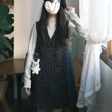 批发现波点白球球少女系列V领针织花边<b class='q'>背心裙</b>连衣裙秋冬