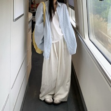 批发2026春季新款慵懒风小清新宽松休闲中长款蓝白条纹防晒<b class='q'>衬衫</b>开衫女