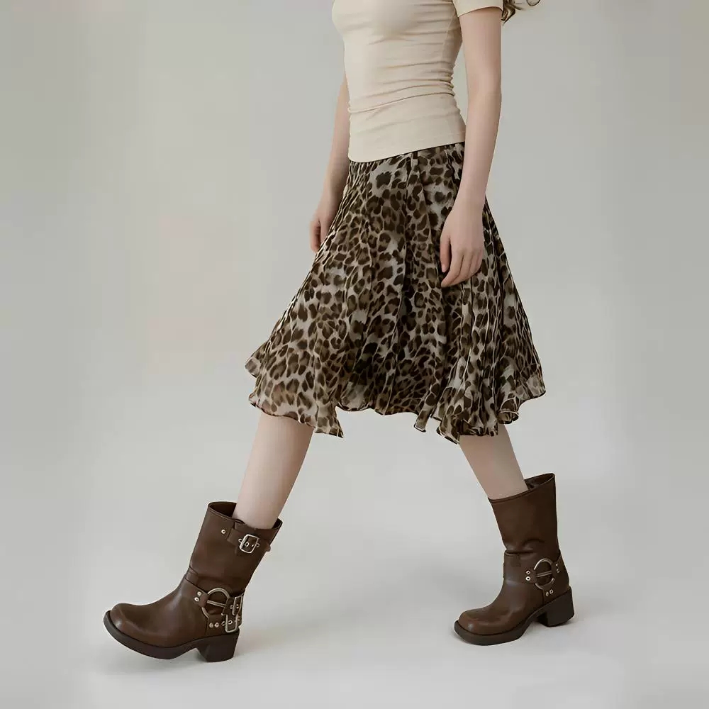 eggka 커피 색상 레오파드 무늬 도루 센스 반신 스커트 여성 봄 가을 하이웨이스트 품격 한 마디 슬림해 보이는 캐주얼 프릴 중간 스커트