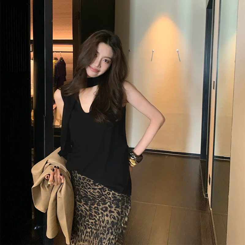 용 안녕하세요. 어린이 빛 럭셔리 고급 센스 검정색 리본 깊은 u 조끼 여성 가을 의상 품격 얇고 가벼운 루즈핏 쉬폰 톱