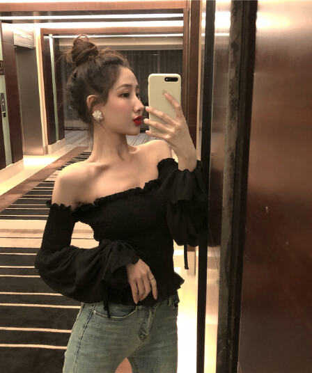 휴가 오프숄더 쉬폰 여성 셔츠 여름 디자인 센스 거품 소매 몸매 가꾸기 슬림해 보이는 튜브탑 아름다운 쇄골 맨위 트렌디