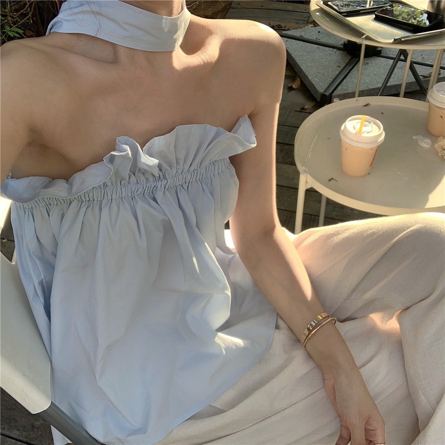 휴가 바람 프랑스식 이슬 쇄골 chic 오프숄더 행침 목 맨위 여성 여름 고급 센스 오프숄더 인터넷 유명인 민소매 티셔츠
