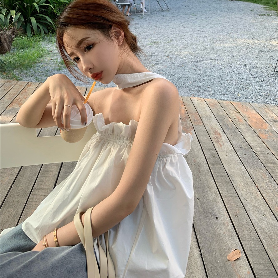 휴가 바람 프랑스식 이슬 쇄골 chic 오프숄더 행침 목 맨위 여성 여름 고급 센스 오프숄더 인터넷 유명인 민소매 티셔츠