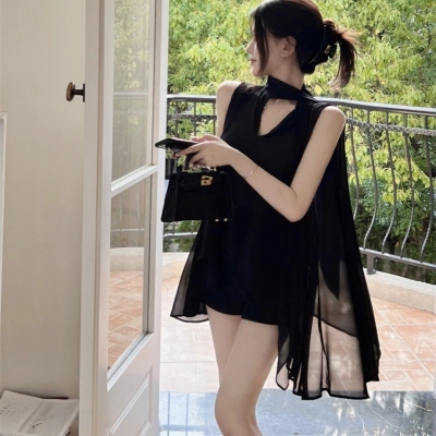 프랑스식 품격 명문 여성 바람 로얄 자매 고급 센스 리본 민소매 행침 목 쉬폰 블라우스 작은 대중 디자인 고유 한 맨위 여름