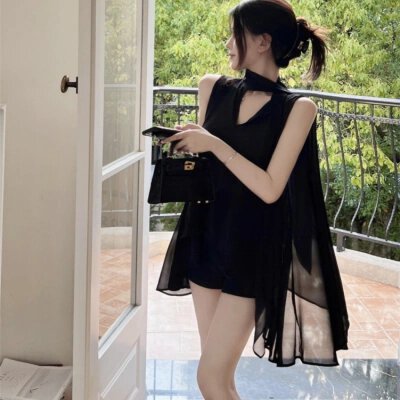 프랑스식 품격 명문 여성 바람 로얄 자매 고급 센스 리본 민소매 행침 목 쉬폰 블라우스 작은 대중 디자인 고유 한 맨위 여름