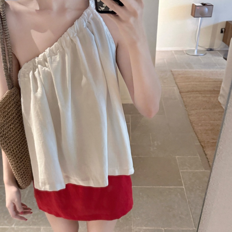 laareetoo 주간 실크 아마 캐미솔 여름 2026 년 새로운 디자인 센스 비스듬한 어깨 의류 슬림해 보이는