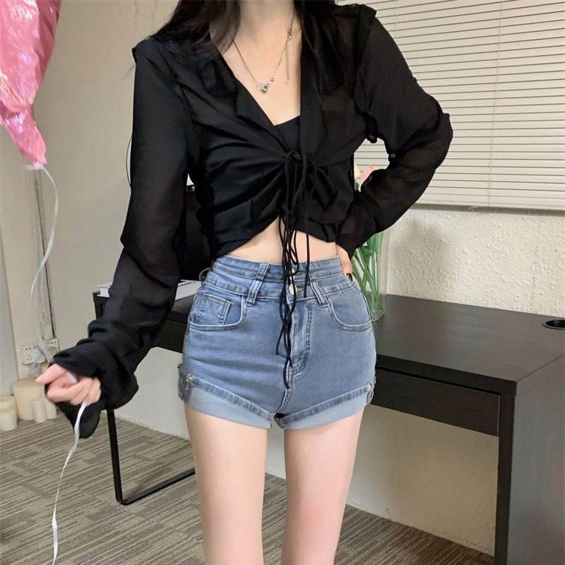 프랑스식 나비 자카드 니트 스웨터 여성 봄 프릴 홀로우 아웃 오픈 가디건 레이스 블라우스 자외선 차단 맨위
