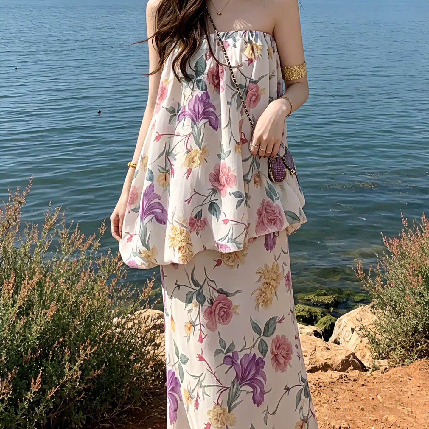 sya 크 사이 작은 웨스트 모네 정원 레트로 꽃무늬 튜브탑 세트 여성 여름 부드러운 인어 꼬리 반 스커트 투피스 세트