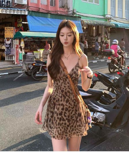 geegeefunny 레오파드 무늬 슬립 여성 드레스 여름 하이웨이스트 몸매 가꾸기 디자인 센스 작은 대중 쇼트 스타일 치마 아이들