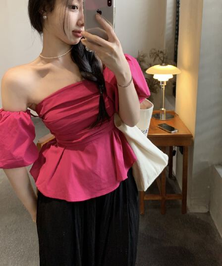 로즈 레드 튜브탑 핫걸 오프숄더 맨위 여성 여름 작은 대중 Chic 아름다운 오프숄더 프랑스식 거품 소매 셔츠