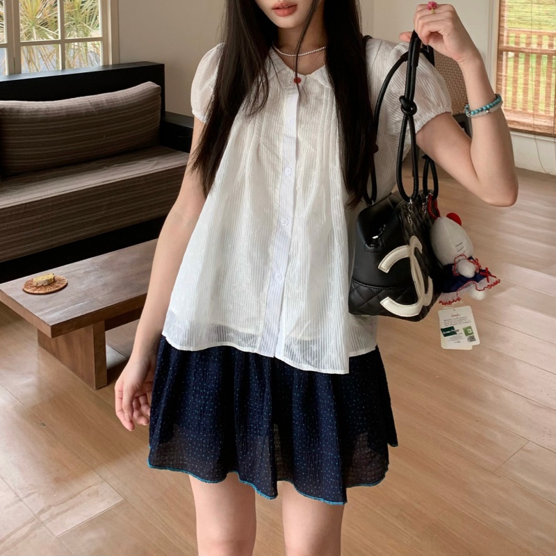 페페 홈 한 부서 달콤함 반팔 맨위 여성 흰 셔츠 베이비 칼라 여름 거품 소매 슬림해 보이는 연령 감소 Chic 작은 셔츠