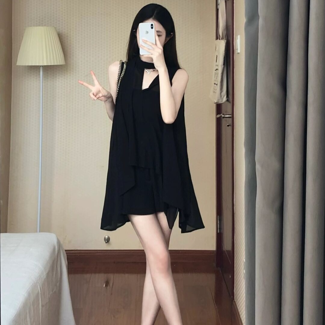 프랑스식 고급 센스 품격 아름다운 슬림해 보이는 로얄 자매 바람 루즈핏 쉬폰 검정색 행침 목 슬립 드레스 아이들 여름