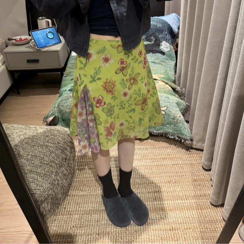 아메리칸 레트로 녹색 프린트 패치워크 반신 스커트 여성 봄 가을 새로운 다용도 캐주얼 높은 품질 꽃무늬 중간 길이 스커트
