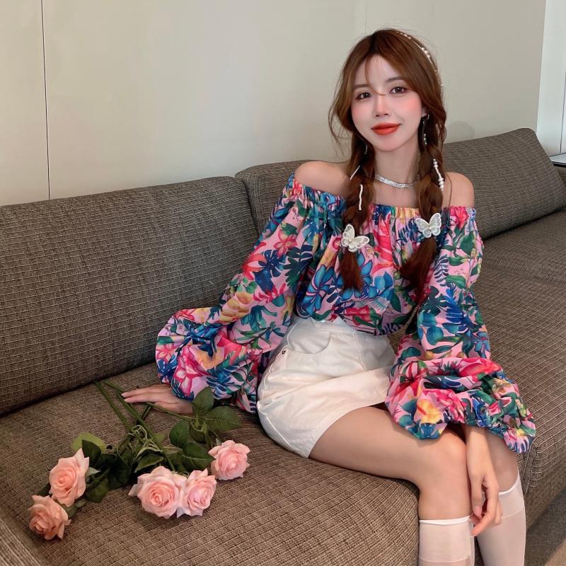 프랑스식 chic 거품 소매 오프숄더 꽃무늬 맨위 여성 봄 디자인 센스 Chic 아름다운 오프숄더 슬림해 보이는 셔츠