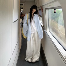 批发宽松慵懒松弛蓝色条纹<b class='q'>衬衫</b>女早秋季韩系休闲长袖<b class='q'>衬衣</b>开衫上衣外套