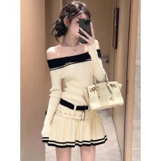 批发早秋小个子穿搭高端精致高级感重要场合绝美一字肩针织<b class='q'>连衣裙</b>