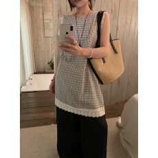 批发现huo~chic百搭格纹无袖<b class='q'>蕾丝拼接</b>连衣裙