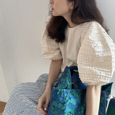 批发现~chic百搭小众时尚泡泡袖格纹衬衫