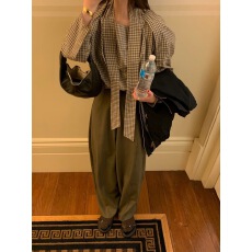 批发已出货~chic<b class='q'>百搭</b>格子时尚飘带衬衫