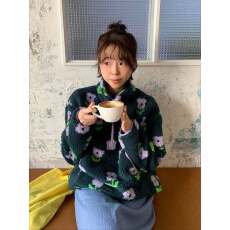 批发花朵提花羊羔绒套头半拉链插袋卫衣