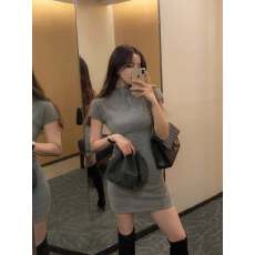 批发修身小高领<b class='q'>短袖</b>毛针织<b class='q'>连衣裙</b>