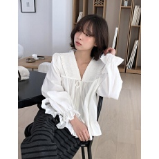 批发v领系带荷叶边装饰长袖衬衣
