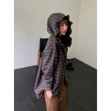 批发已出货~chic韩系<b class='q'>百搭</b>连帽小众格纹衬衫