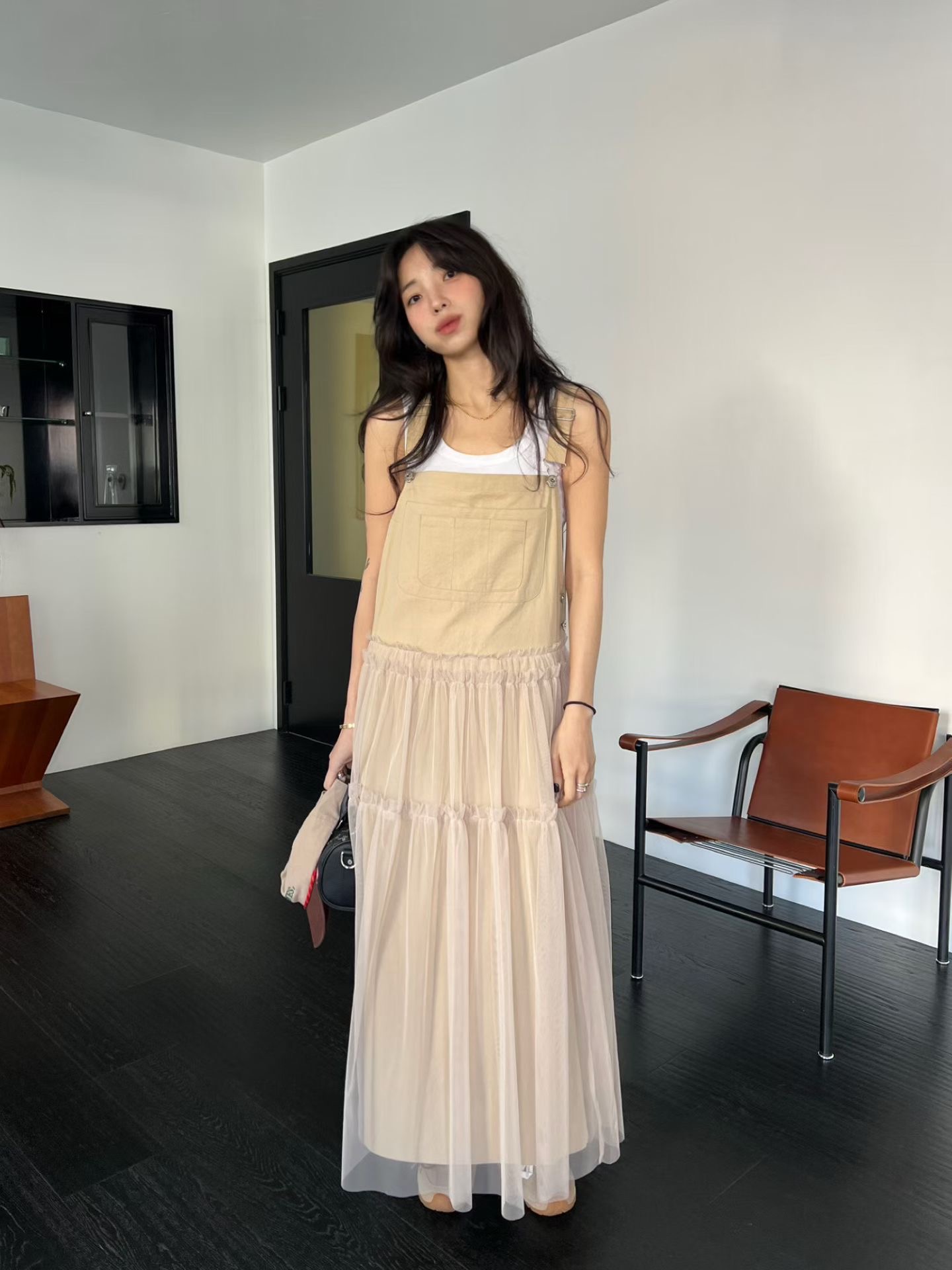 있음 선적 chic 다용도 작은 대중 패션 멜빵 스커트 개성 망사 패치워크 치마