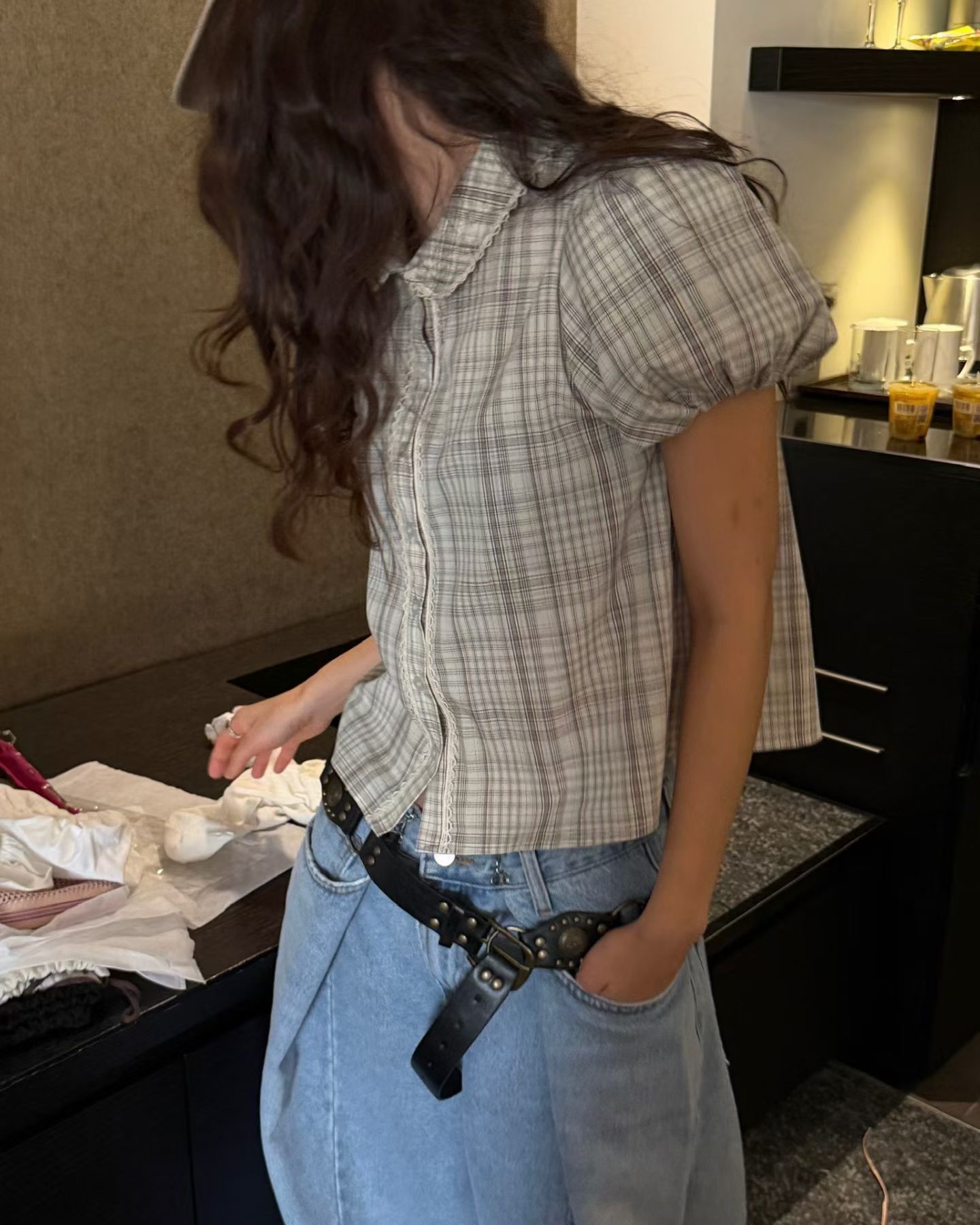 chic 다용도 작은 대중 패션 체크무늬 연령 감소 셔츠