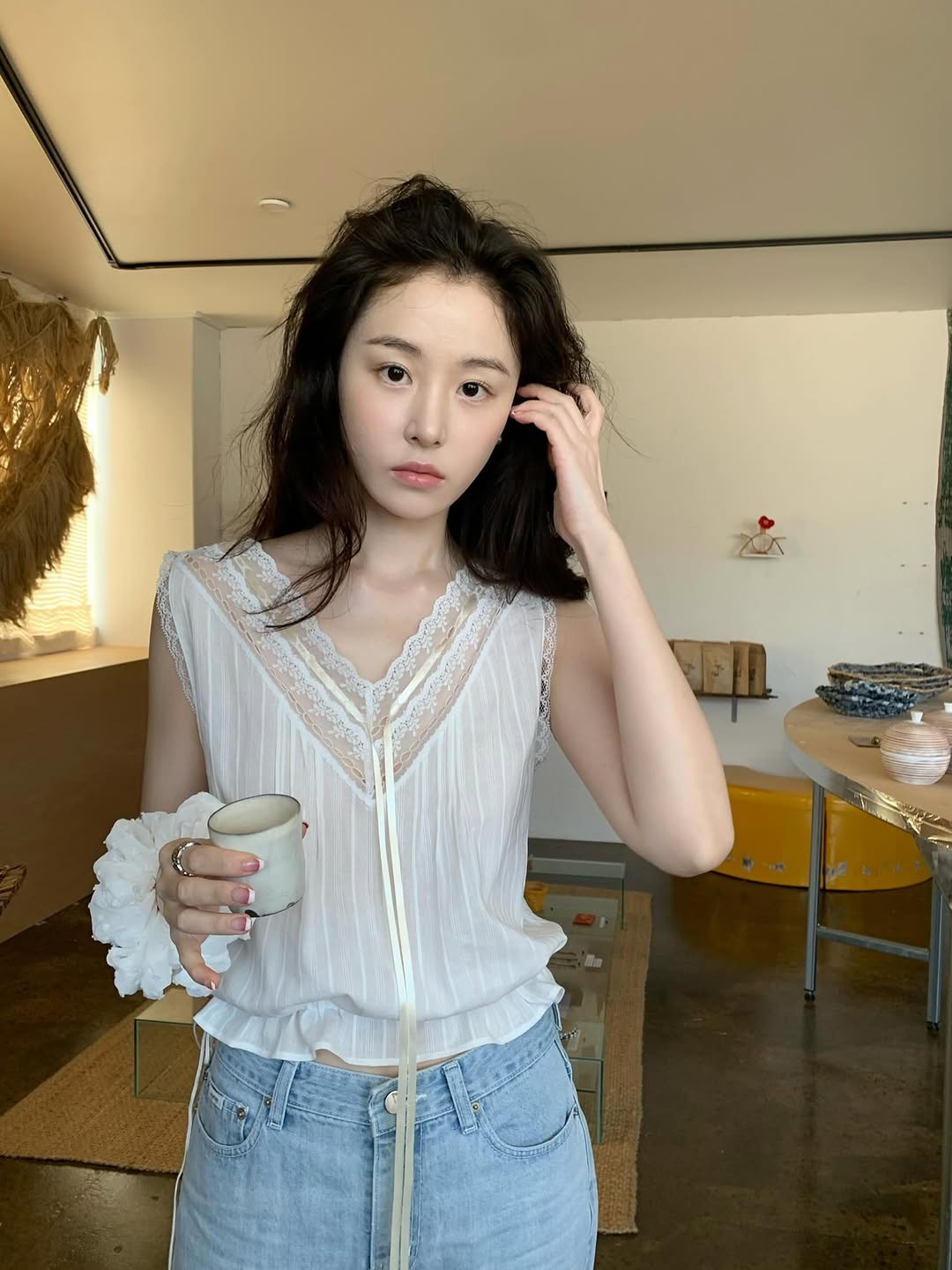휴가 바람 자카드 패치워크 레이스 펌프 로프 V넥 민소매 맨위