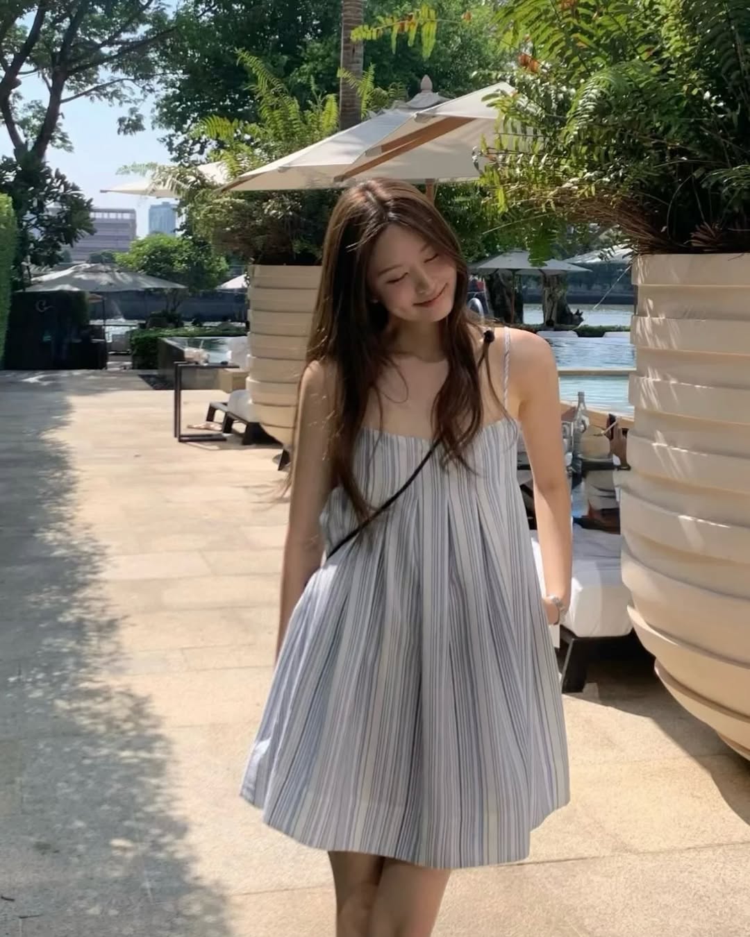 한 부서 여름 스트라이프 아마 슬립 드레스