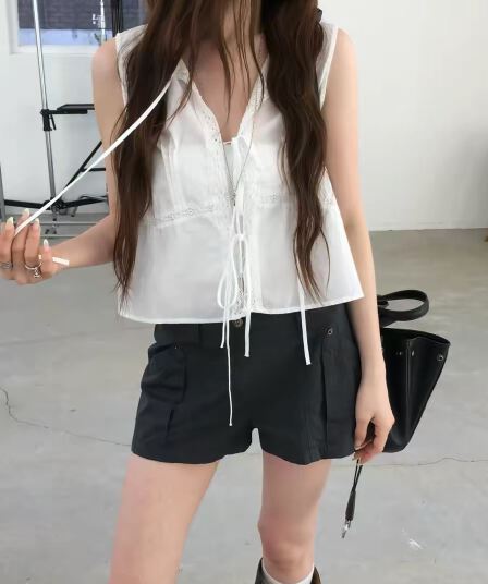 있음 선적 한 부서 얇고 가벼운 민소매 패치워크 레이스 레이스업 작은 셔츠