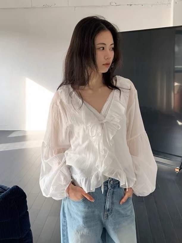 한 부서 신선함 달콤함 프릴 V넥 레이스 업 셔츠