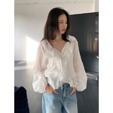 批发韩系清新甜美荷叶边V领系带衬衫